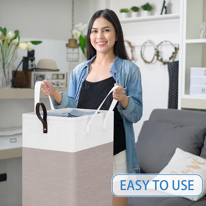HomeHacks 75L Rolling Laundry Basket with 4 Wheels Collapsible Khaki | 4 Wheels, Waterproof PEVA Lining, Cotton Flax Fabric, Metal Frame, Bathroom Laundry Room Dorm Storage, Space-Saving Design
