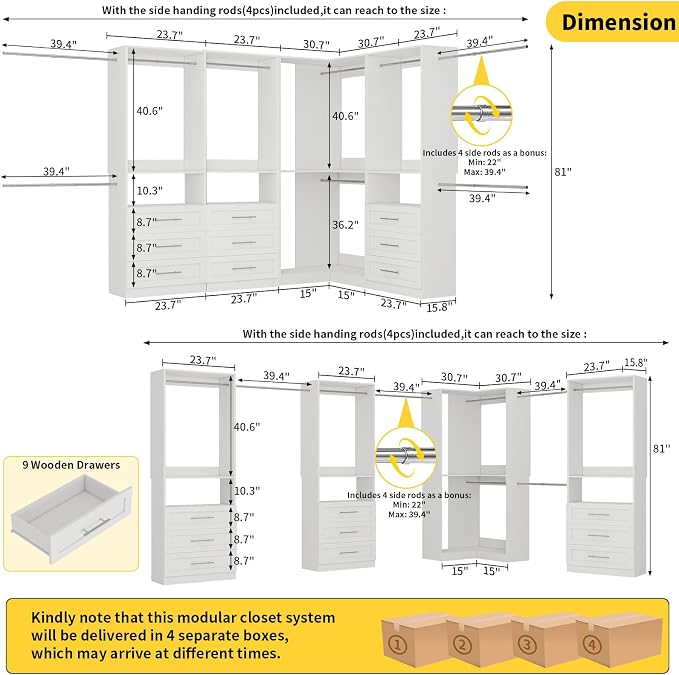 Closet System with 9 Drawers, Corner Closet Organizer System with 9 Hanging Rods Walk in Wooden Modular Closet Storage System L-Shaped 4 Sets, 2800+ Lbs Capacity White