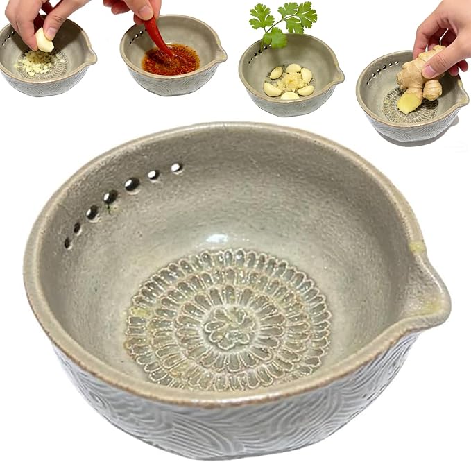 Handmade Pottery Garlic Grater Herb Stripper Bowl, 2-in-1 Ceramic Herb Stripper and Garlic Grater Bowl, Different Sizes of Round Holes, Kitchenware for Root Removal