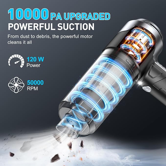 KMM Handheld Car Vacuum Cleaner, 10000PA Hand Held Vacuum & Air Duster | 120W High Power, Portable Cordless, Rechargeable with Multi-Nozzles & LED Light for Home, Car, Office