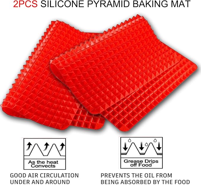 Silicone Baking Mat Pyramid Sheets Cooking Pan 16"x11" 2 Pack-Red，Best Healthy Fat Reducing Nonstick Cooking Mat for Baking Mat with Grid for Oven Grilling BBQ, Baking and Roasting
