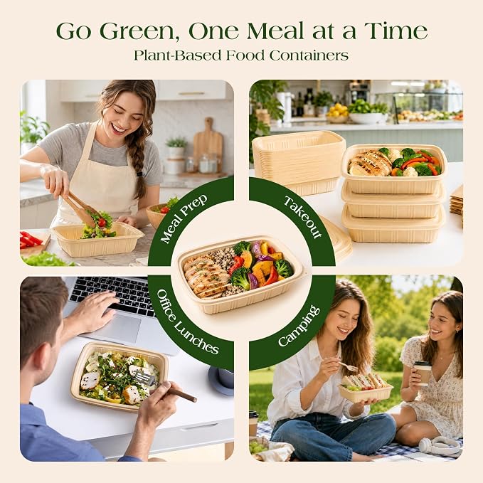 100 Piece (50 Pack) Meal Prep Containers with Lids, 28 oz Cornstarch Food Storage Containers Plant-based Lunch Box for Salad,BPA Free Plastic Take Out Containers Microwave and Freezer Safe