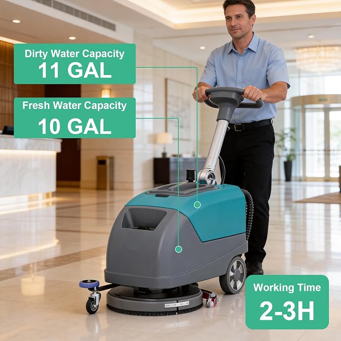 Walk-Behind Floor Scrubber Dryer with 16" Scrub Path, 24" Suction Width, 11-gal Sewage Tank, 10-Clear water tank, Foldable Walk Behind Hand Push Floor Scrubber 24000 Sqft/h