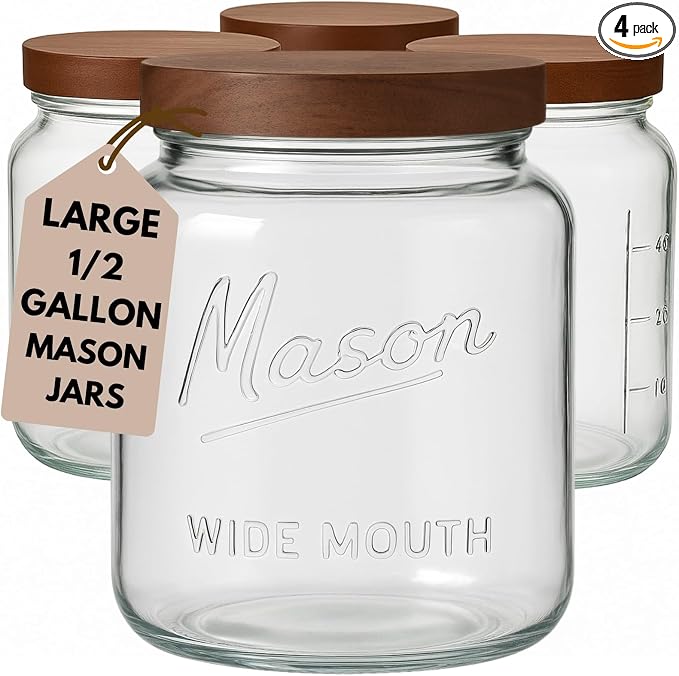 Kitchentoolz Half Gallon Glass Mason Jars with Airtight Push to Close Wooden Lids - Food Storage & Canning Jars with Measurement Markings - Pantry Containers for Flour, Sugar & Dry Goods - 64 oz (4pk)
