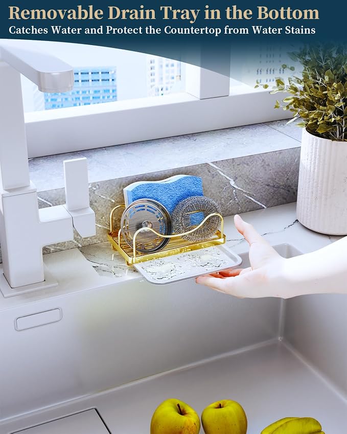 Consumest Sponge Holder for Kitchen Sink - Movable Sink Caddy for Countertop Organizer, 304 Stainless Steel Sponge Holder with Detachable Drip Tray for Kitchen Accessories, Gold
