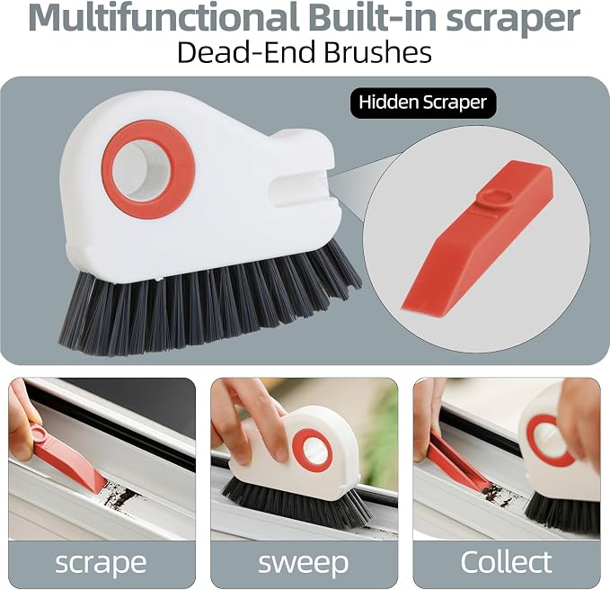 2 in 1 Groove Cleaning Brush, Grout Cleaner Tool & Multifunction Window Track Cleaner (with Hidden Scraper or Mini Dustpan) – for Glass Door Tracks, Window Sills, Sliding Doors (Orange)
