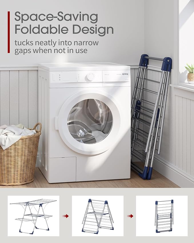 Sakugi Clothes Drying Rack, Foldable 2-Level with 55.5" Adjustable Wings | Laundry Room, Bedroom, Indoor & Outdoor Use, Height Adjustable, Clothing & Bedding, 55.5" L × 22.8" W, Silver and Blue