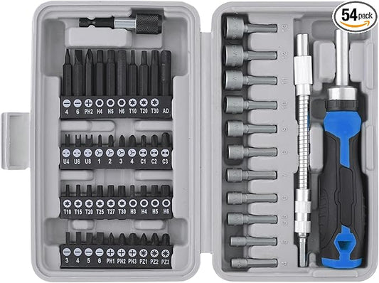 Apollo Tools 54-Piece Screwdriver & Nut Driver Bit Set – Ratcheting Handle, Flexible Extension, Metric Nut Drivers, Specialty Bits for Household, Automotive, & Appliance Repairs, Blue/Gray DT9025