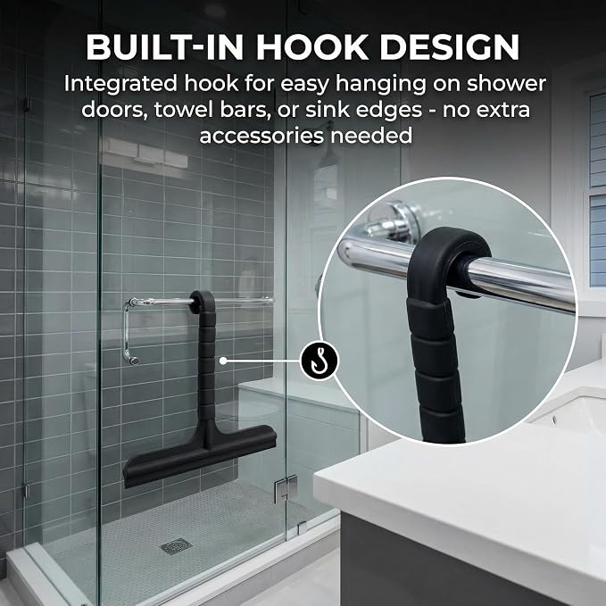 8 Inch Silicone Shower Squeegee for Glass Doors – All-in-One with Built-in Hook, Ergonomic Non-Slip Handle & Reinforced Iron Core, Multi-Purpose for Mirrors, Countertops, Windows, Black