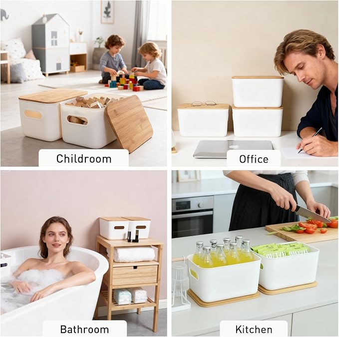 Citylife Storage Bins with Bamboo Lids 7QT Plastic Storage Containers Stackable Organizer Boxes with Handle for Desk Snacks, Toys, 2 PCS, 10" L x 7" W x 5.8" H