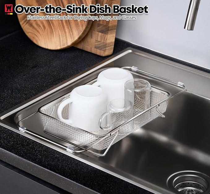 WAGENSTEIGER Extendable Dish Rack with Feet, Vegetable Colander Basket, Stainless Steel Dish or Silverware Drying Rack, Ultimate Kitchen Organizer Over the Sink (11.81 x 8.27 x 2.76 Inches)