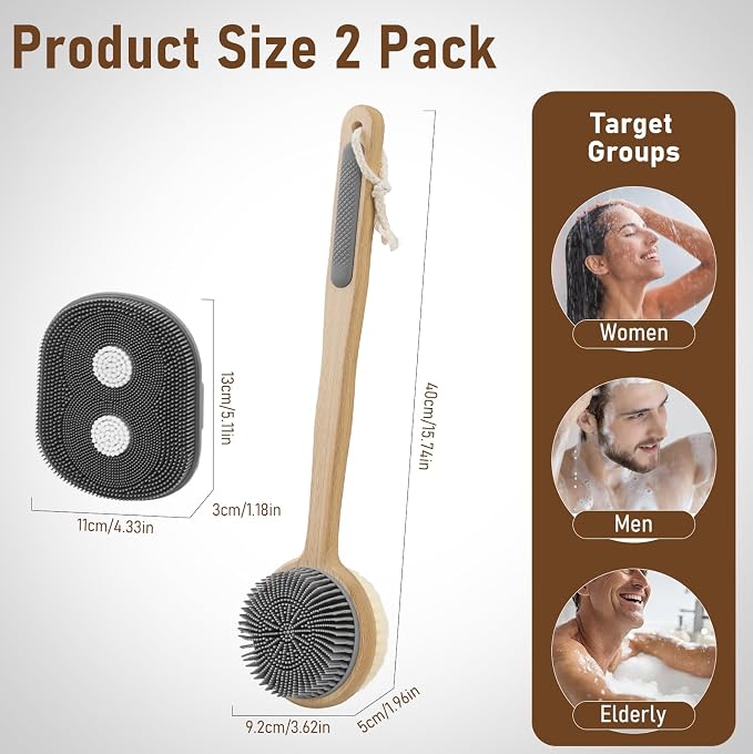 Back Scrubber for Shower + Body Scrubber 2 Pack - Dual Sided Silicone & Nylon Bristles Lather Well, Exfoliating Anti-Slip Wood Long Handle Back Scrubber Body Exfoliator for Wet/Dry Bath Brush Grey