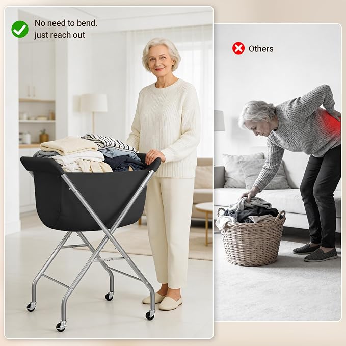ELYKEN Laundry Basket with Wheels, Collapsible Laundry Hamper, Black | Removable Liner Bag, Foldable Design, Sturdy Metal Frame, 4 Casters, 32”H Laundry Cart for Bedroom, Bathroom & Laundry Room