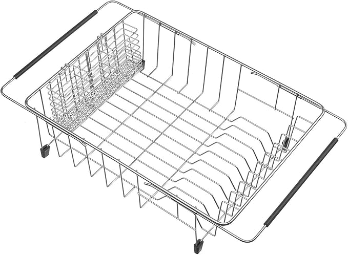 SANNO Large Expandable Dish Drying Rack Dish Rack Drainer with Stainless Steel Utensil Holder Over The Sink Dish Drainer Dish Rack in Sink On Counter