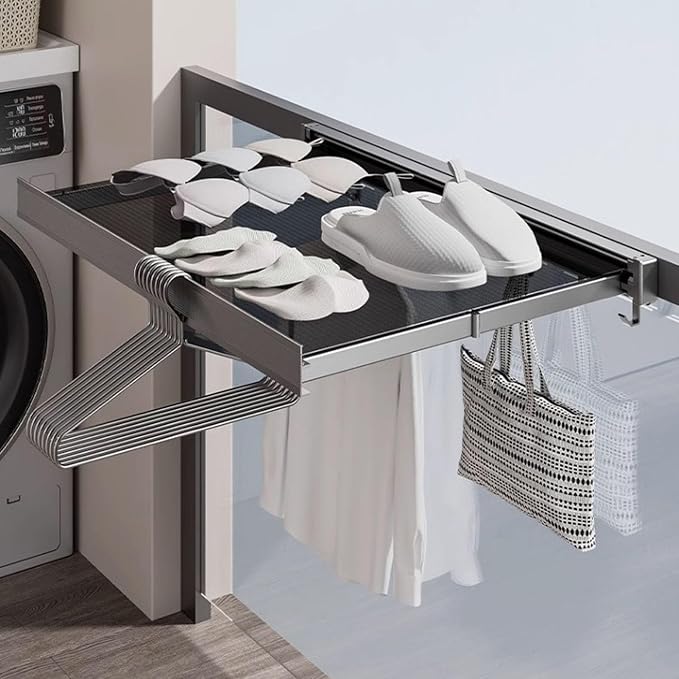 Pilipane Retractable Clothes Drying Rack Wall Mount Foldable Laundry Organizer with Breathable Mesh Platform for Patio Bathroom Aluminum 42x37.8cm (Gray)