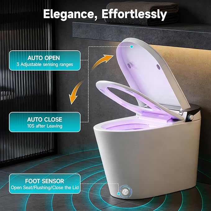 Smart Toilet with Tank Built in, Elongated One Piece Bidet Toilet with Voice Control, Auto Open/Close Lid, Powerful Auto Flush, Heated Seat, Instant Warm Water, Dryer, Foam Shield, Deodorization
