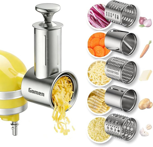 Stainless Steel Slicer Shredder Attachment for Kitchenaid Stand Mixer, 5 Blades Cheese Grater and Vegetable Slicer Set, All-in-One Food Prep Tool, Effortless Salad Maker Accessories, Dishwasher Safe