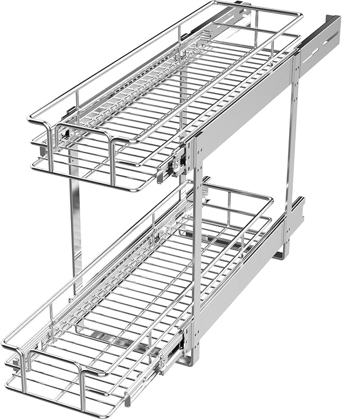 LOVMOR 2 Tier Individual Pull Out Cabinet Organizer 7.5" W x 21.5" D, Slide Out Kitchen Cabinet Storage Sliding Shelves