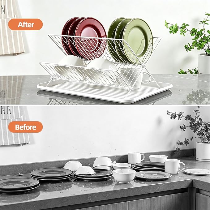 White Foldable 2-Tier Dish Rack - Heavy-Duty Metal Drying Rack with Removable Drip Tray, Collapsible Kitchen Sink Organizer for Plates, Bowls, Cups & Utensils