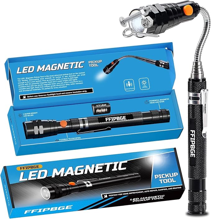 Telescoping Magnet Pickup Tool with 3 LED Magnetic Flashlight, Cool Gadget Birthday Gifts for Men, Women, Husband, Dad, Adult, Boyfriend, Mens Gifts from Daughter, Wife, Black