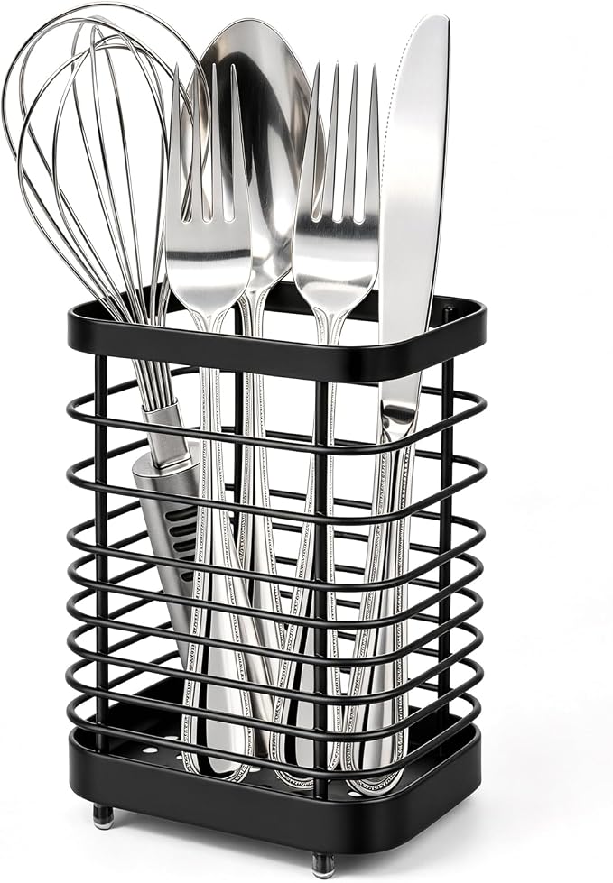 Utensil Holder, Stainless Steel Utensil Drying Rack for Kitchen Counter, Silverware Cutlery Flatware Holder Forks, Knives, Spoons, Chopsticks Organizer (Black)