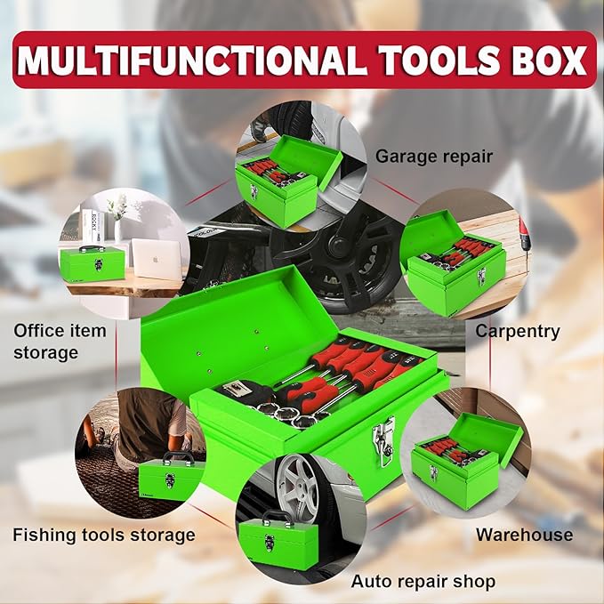 P.I.T. 12 Inch Tool Box,Portable Small Steel ToolBox with Metal Latch Closure for Household, Warehouse,Tools Storage,Green