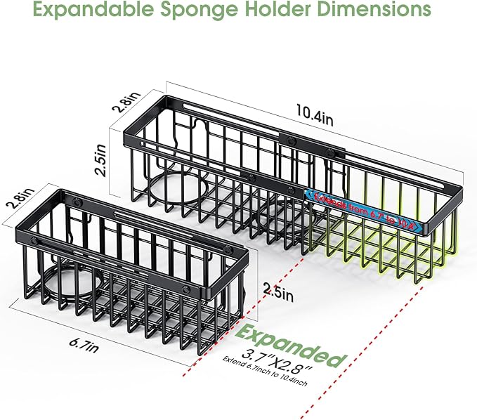 Expandable Kitchen Sink Caddy, Strong Adhesive Mount Detachable Sponge Holder for Kitchen & Bathroom Sink with Extra Suction Cups, Holds Sponges, Dish Brushes, Scrubbing Pads - Black
