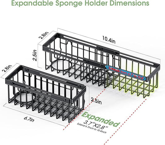 Expandable Kitchen Sink Caddy, Strong Adhesive Mount Detachable Sponge Holder for Kitchen & Bathroom Sink with Extra Suction Cups, Holds Sponges, Dish Brushes, Scrubbing Pads - Black