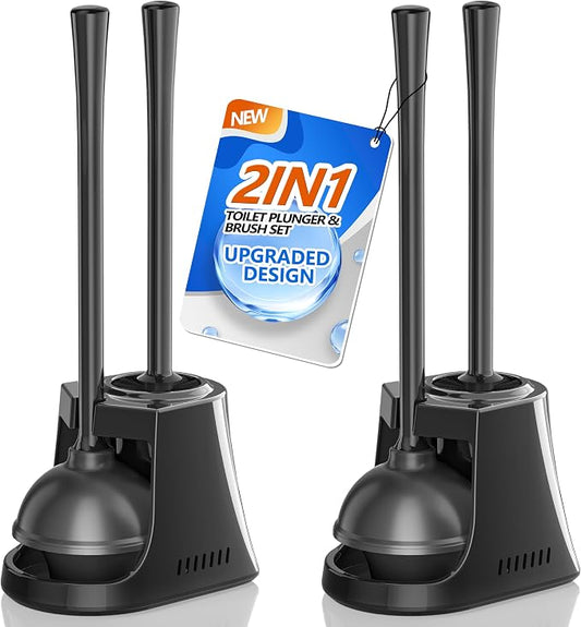 Toilet Plunger and Brush, 2 Pack Bowl Brush and Heavy Duty Toilet Plunger Set with Ventilated Holder, 2-in-1 Toilet Brush and Plunger Combo for Bathroom Cleaning (Black)