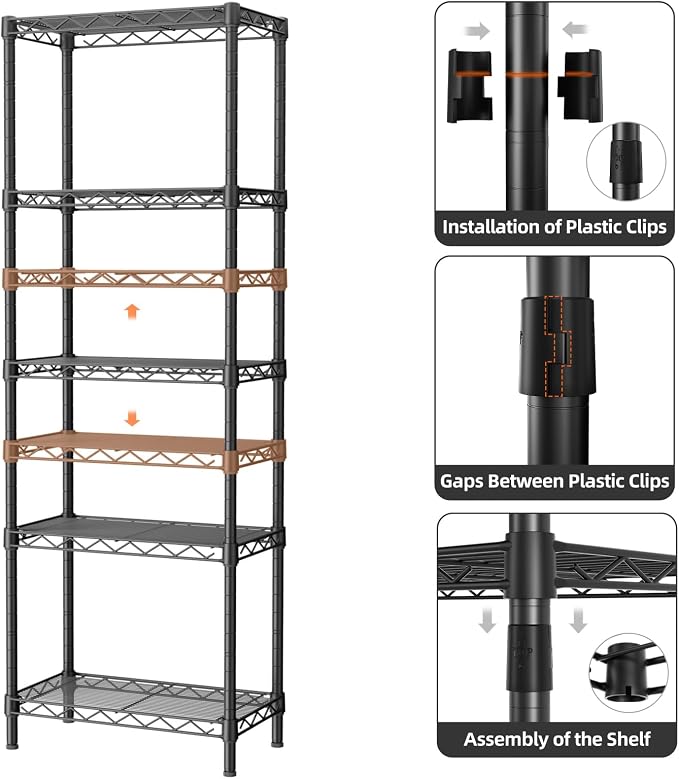 Golpart 5Tier Adjustable Storage Shelves Metal Wire Shelving Standing Shelf | Utility Heavy Duty Unit Rack Closet Organize for Home Kitchen Laundry Room Organization Pantry 10"Dx16"Wx55"H Black