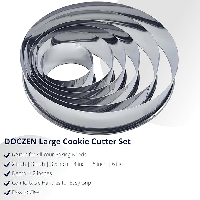 Doczen Large Round Cookie Cutter 6 PCS (2, 3, 3.5, 4, 5, 6 Inch) Set, 6-Piece Stainless Steel Biscuit Cutters, Heavy Duty Metal Ring Mold for Burger Press & Meat Shaping, Tortilla Crust