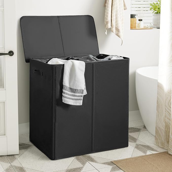 WOWLIVE 180L Double Laundry Hamper 2 Section with Lid and Removable Bags | Divided Laundry Basket, Large Dirty Clothes Hamper with Handle, Collapsible Laundry Storage for Dorm Room, College, Black
