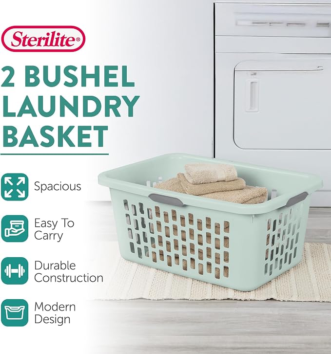 Sterilite Rectangular Laundry Basket, Plastic Clothes Hamper, 6-Pack | 2 Bushel, Mint - Ventilated Open-Top Utility Wash Bin with 4 Handles and Large Clothing Load Capacity