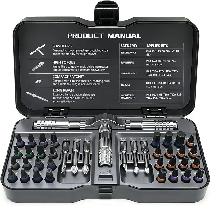 40-in-1 Precision Magnetic Ratchet Screwdriver Set with Case, Multi-Bit Screwdriver Kit with Torx & Hex Bits for Electronics Repair, Furniture Assembly & Home DIY (40PCS)