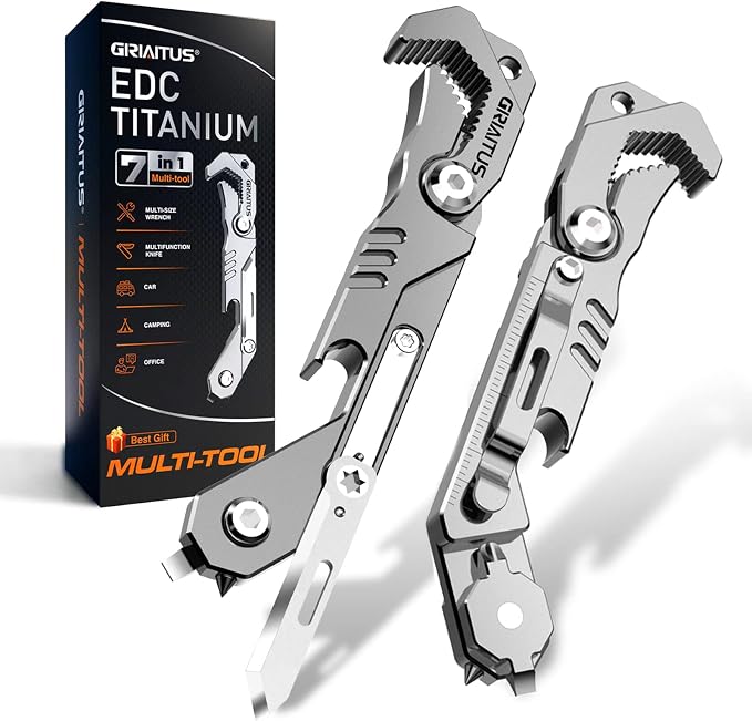 EDC Multitool 7 in 1 with knife, Wrench, Folding Knife, Screwdriver | Bottle Opene, Ruler, Urgent Car Window Breaker and Seatbelt Cutter, EDC Pocket Multi Tool for Gifts for Men (Bright silver)