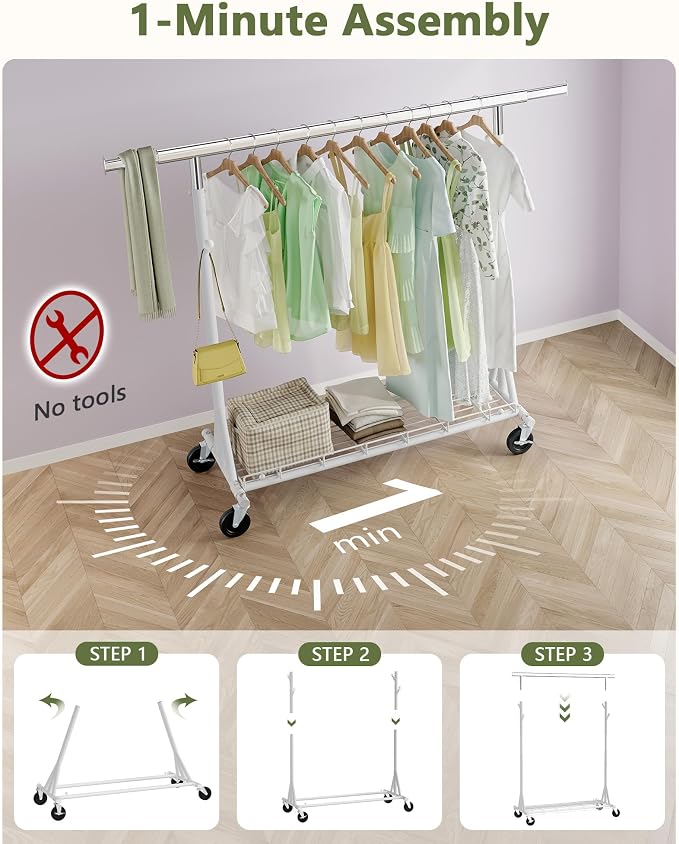 Hoctieon 1-Minute Assembly Clothes Rack, 480 lbs Heavy Duty Rolling Clothing Racks with Wheels, Foldable Garment Rack, Extendable Hanging Bar, Adjustable Metal Pole with Hooks, White
