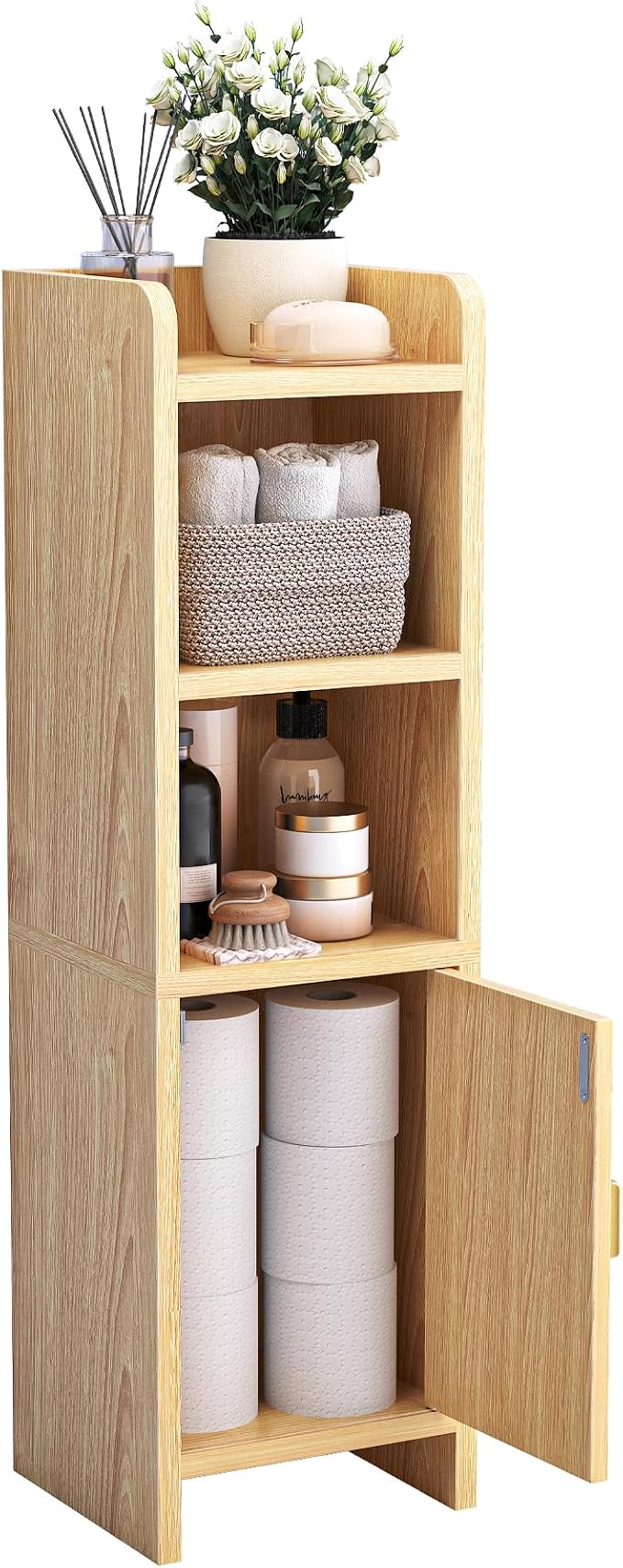 Small Bathroom Storage Cabinet, Narrow and Slim Storage Cabinet with Rattan Door and Adjustable Shelves, Corner Floor Bathroom Organizers and Storage for Small Space, Natural HSC001N
