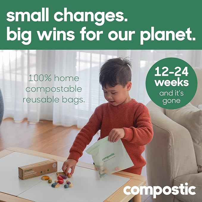 Compostic Compostable Gallon Bags (60 Count) Starter Pack — Resealable Zip-Seal, Plant-Based, Home Compostable, Freezer Safe, BPA-Free, Non-Toxic, GMO-Free Food Storage Bags