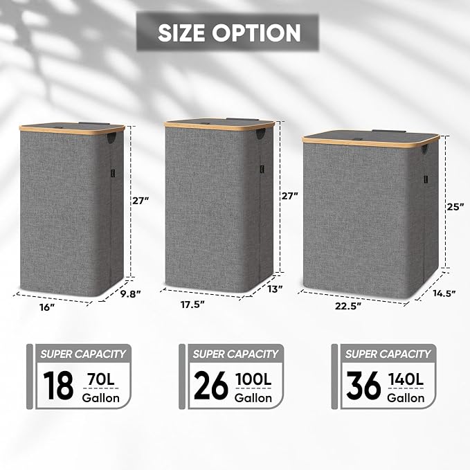 BALEINE Laundry Hamper with Lid, Tall Laundry Baskets with Bamboo Pull Handles, Large Laundry Bin with Internal Support (26 Gal/100L, Beige)