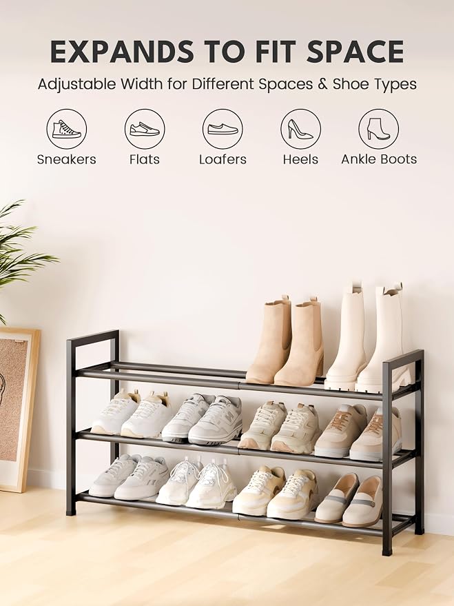 Bumusty 3-Tier Expandable Shoe Rack for Closet, 18“-33” Adjustable Shoe Rack for Small Space, Small Shoe Organizer for Front Door, Sturdy Metal, Black