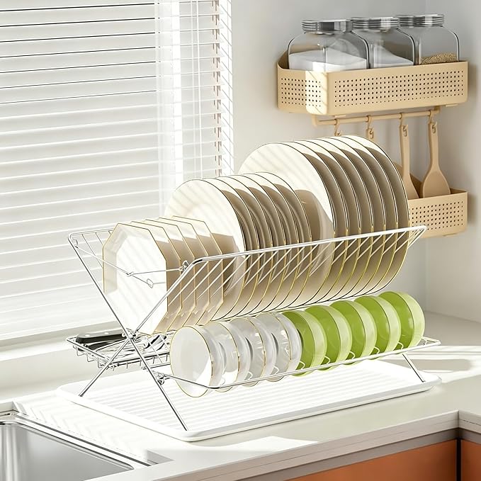 Stainless Steel Foldable Dish Drying Rack, 3 Tier Large Capacity Collapsible Folding Dish Drainer with Drainboard for Kitchen Counter (Upgraded)