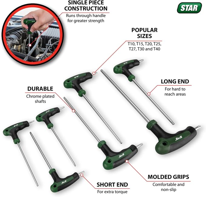 Performance Tool W1713 T-Handle Stardriver Set, 7-Piece | Dual drive ends for reach and torque. Comfortable non-slip molded grips. Sizes include T10 to T40