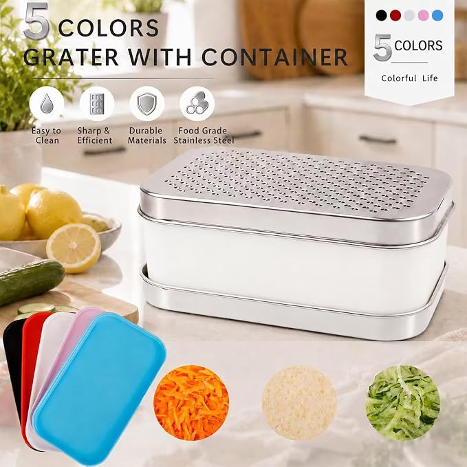 Cheese Grater with Storage Container, Box Grater Stainless Steel for Vegetables, Cheese Shredder 2 Sharp Blades for Fine & Coarse, Non-Slip Base, Lemon Zester, Includes Cleaning Brush (White)
