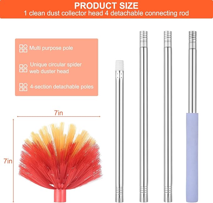 Cobweb Duster with Extension Pole, 59" Adjustable Spider Web Brush | Washable Duster with Medium-Stiff Bristles for Ceiling Fan, High Ceilings, Blinds, Furniture, Kitchen, and Home Cleaning