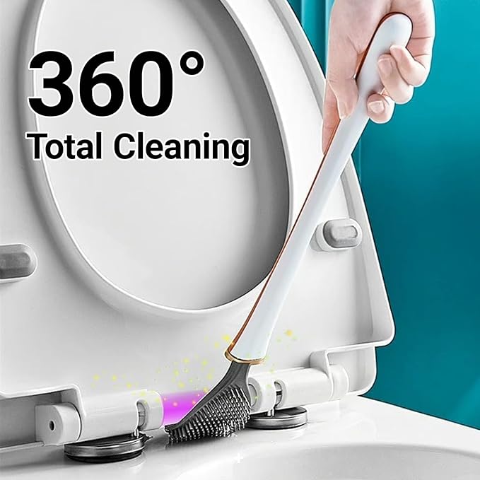 Flexible Silicone Toilet Brush and Holder Set Wall Mounted, Auto Closing TPR Brush Head for Deep Cleaning, Space Saving Bathroom Essentials with Adhesive Mounts (No Drilling) (1, Pearly White)