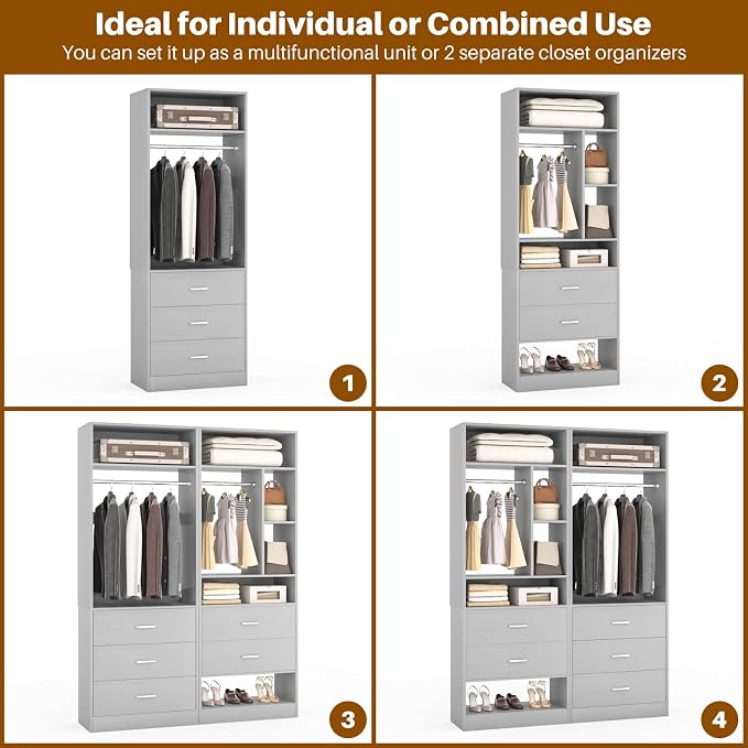 Besiost 4FT Closet Systems with 5 Wood Drawers, 48 Inch Closet Organizer System with 2 Hanging Rods & 7 Shelves, Heavy Duty 48" Walk-in Closet, Grey (48"L x 15" W x 80" H)