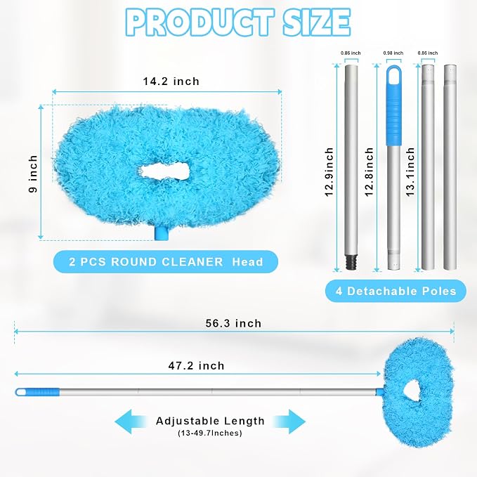 Eunice 13-50 Inches Ceiling Fan Duster with Extension Pole | Extendable Microfiber Cleaning Brush for High Ceiling,Blades,Cobwebs,Adjustable Dusting Tool for Window,Door(2 Dusters Blue)
