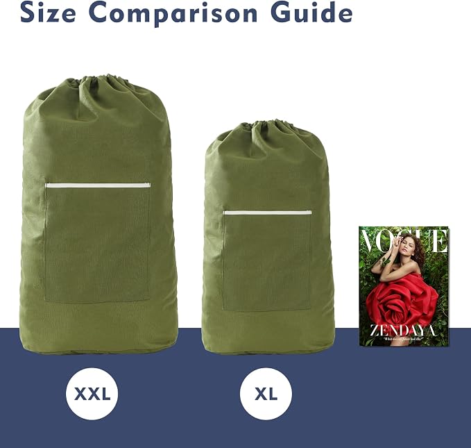 Canvas Laundry Bag, Laundry Backpack, Army Green, XX-Large | Washable Laundry Collector,Thick Woven Adjustable Shoulder Straps,Large Front Pocket,Drawstring Closure,for College,Camping