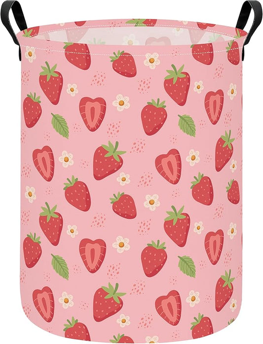 Round Laundry Basket Collapsible Storage Hamper Flower Strawberry | Waterproof Canvas Foldable Baskets with sturdy Handles Multi-scene Organizer for Home Play Bedroom Gift Bin