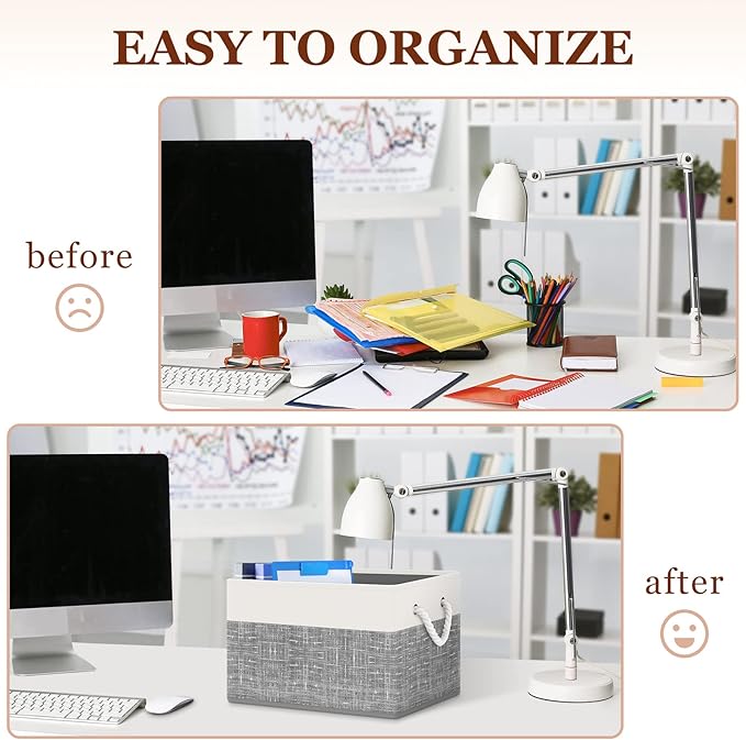 StorageTastic Storage Bin,Collapsible Storage Basket For Organizing,Large Storage Boxes With Rope Handles,Storage Containers,White & Grey,4 Pack
